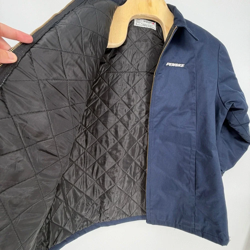 Vintage Aramark Penske Work Jacket Navy Blue Quilted Lined Full Zip Large